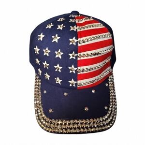 Embellished American Flag Baseball Cap - Navy, Red, White